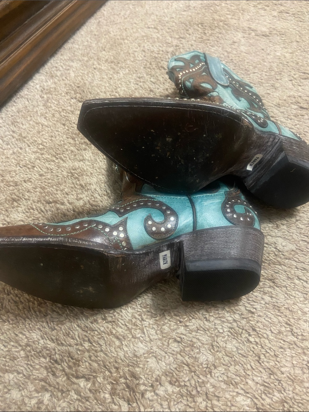 Cavender’s Brown & Turquoise Studded Western Cowboy Boots - Picture 3 of 4